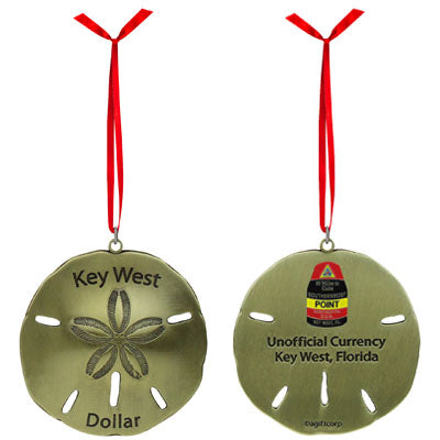 Metal ornament in the shape of a sandollar with "Key West Dollar" on the front. On the back: the Southernmost Point and "Unofficial Currency", "Key West, Florida". The picture shows that item in gold.