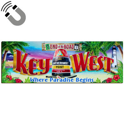 Magnet showing a beachside scenery with the Southernmost Point, Key West lighthouse, a sign "End of the Road" framed by the Mile 0 sign and the END US 1 sign, "Key West" and "Where Paradise Begins".