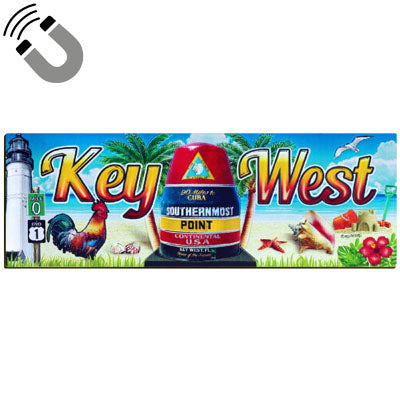 Magnet showing a beachside scenery with the Southernmost Point, Mile 0 US 1 sign, Key West lighthouse, a rooster, seashells and "Key West".