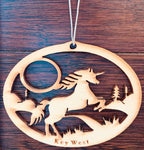 Wood ornament in the shape of a unicorne. With "Key West".