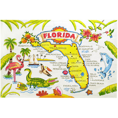 Kitchen towel showing the map of Florida and local attributes: flamingo, alligator, oranges, dolphin, hibiscus, pelican, fish, palm tree, hummingbird, conch shell...