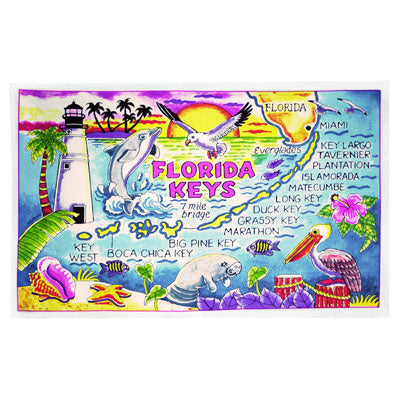 Kitchen towel showing a map of the Florida Keys and local attributes: palm trees, pelican, conch shells, sea star, manatee, hibiscus, Key West lighthouse, dolphin, seagull...