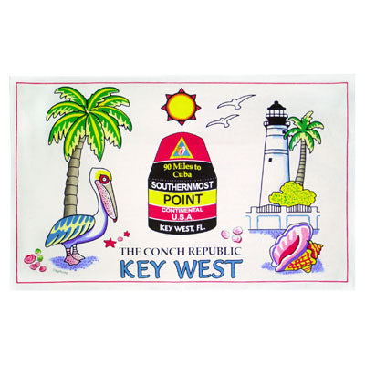 Kitchen towel showing drawings of the Southernmost Point, the Key West lighthouse, a pelican in front of a palm tree, a conch shell, the sun, a couple of seagulls, "The Conch Republic" and "Key West".