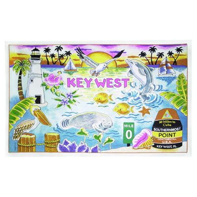Kitchen towel showing a seaside design with Key West landmarks and attributes: the Southernmost Point, the Mile 0 sign, the Key West lighthouse, a pelican, a dolphin, a seagull, palm trees, a manatee, fishes, conch shell, sailboats and "Key West".