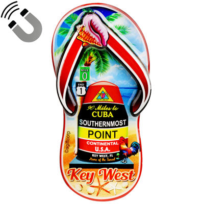 Magnet showing a beachside design with a rooster standing in front of the Southernmost Point, a palm tree with the Mile 0 sign and the US 1 END, a conch shell and "Key West".