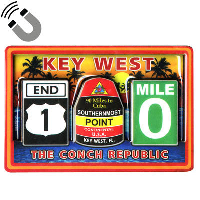 Magnet showing Key West icons: END US 1 sign, Southernmost Point and MILE 0 sign, with a sunet background, "KEY WEST" and "THE CONCH REPUBLIC".