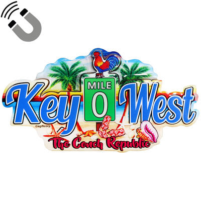 Magnet showing a beachside design with a rooster standing on the Mile 0 sign, two palm trees, a conch shell, "Key West" and "The Conch Republic".