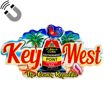 Magnet showing a beachside design with a rooster standing on the Southernmost Point, two palm trees, a conch shell, "Key West" and "The Conch Republic".