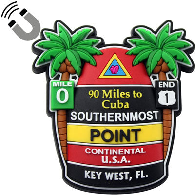 Rubber magnet showing two palm trees (one with the Mile 0 sign and the other with the END US 1 sign) framing the Southernmost Point with at the top, a triangular design showing a conch shell (red background), then underneath "90 Miles to Cuba" and "SOUTHERNMOST" with a black background, then underneath "POINT" with a yellow background, then underneath "CONTINENTAL U.S.A." with a red background and finally at the bottom "KEY WEST, FL" with a black background.