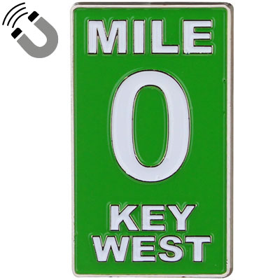 Metal magnet showing the MILE 0 KEY WEST design on a green background.