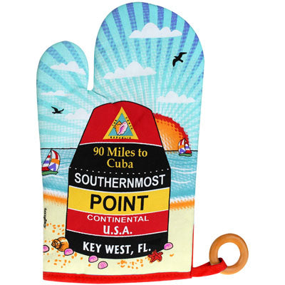 Oven mitt showing a seaside scenery with the Southernmost Point.