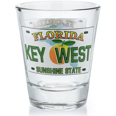 Shot glass showing a Floridian license plate with "Florida", "Key West" and "Sunshine State".