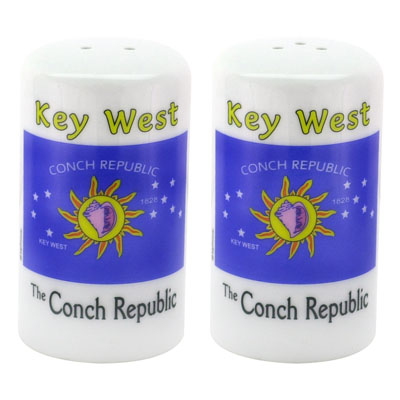 Salt & Pepper set showing the following design: "The Conch Republic" written at the bottom, the flag in the middle and "Key West" on top.